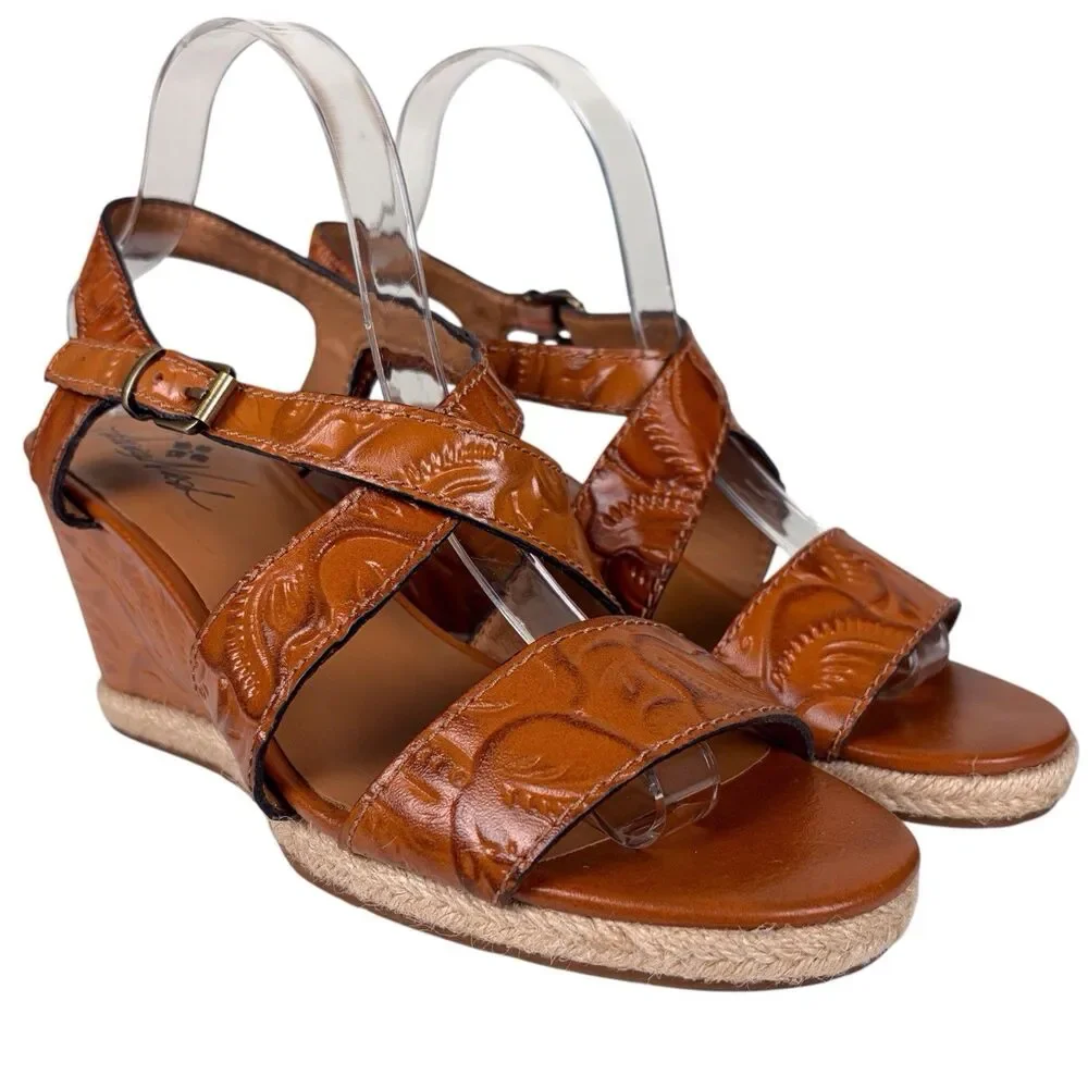 Patricia Nash Rafa Tooled Leather Espadrille Wedge Sandals Whiskey Size 10